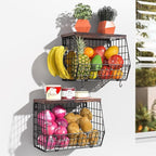 Wawocs Fruit Basket for Kitchen Counter 2 Tier Fruit Bowl, Stackable Wall Mounted Hanging Fruit Basket Wire Baskets with Wood