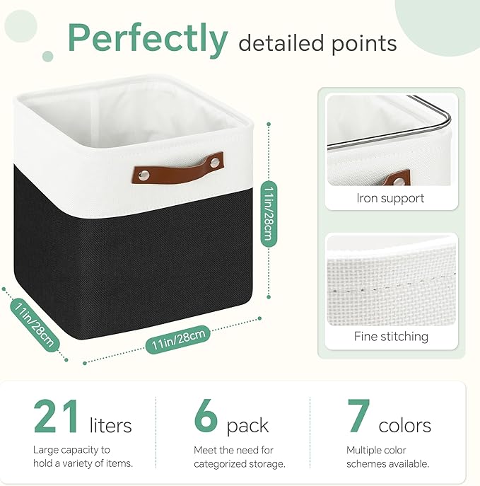 FinishingBo Cube Storage Baskets 6 Pack, 11x11 inch Cube Storage Bins with Leather Handles for Shelf Closet (White/ Black)
