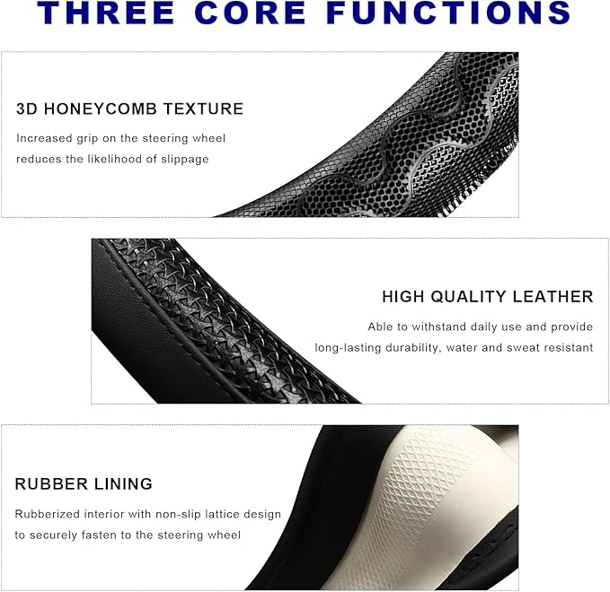 D-Shaped Steering Wheel Cover, Leather Car Wheel Protector with 3D Honeycomb Anti-Slip Design, Universal Breathable Comfy Cov