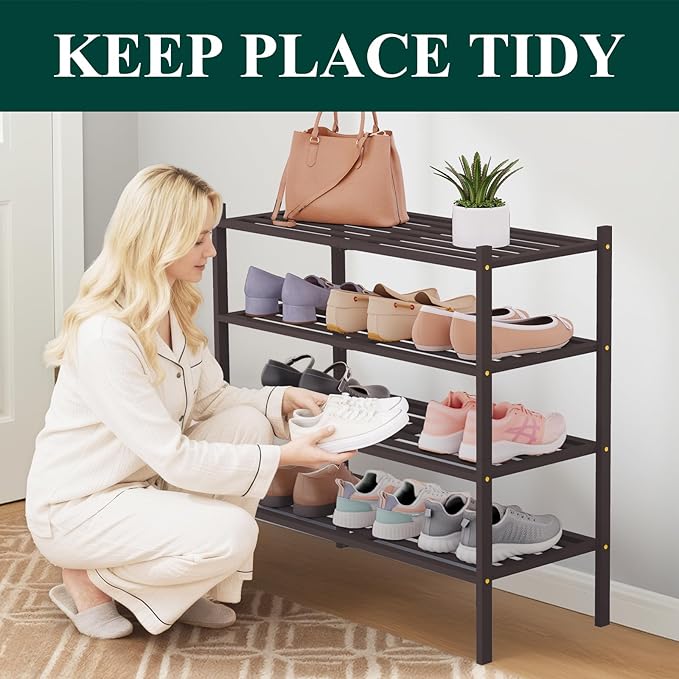 Smiry Bamboo Shoe Rack 4-Tier, Stackable Wooden Shoe Organizer for Entryway & Closet, Free Standing Wood Shoe Storage Shelf f