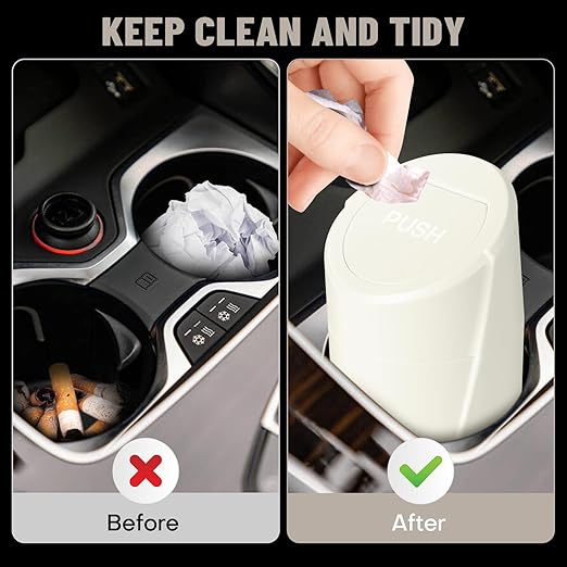 Car Trash Can Bin with Lid - Car Garbage Can Cup Holder - Light Beige Mini Leakproof Vehicle Garbage Bin with 40pcs Trash Bags-Automotive Organizers and Storage for Front Back Seat Accessories