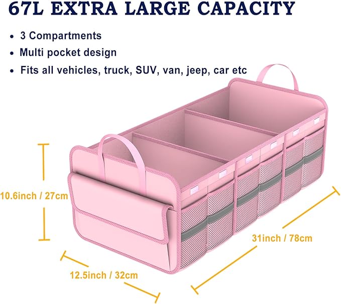 Trunk Organizer for SUV, Large trunk organizer for car, Collapsible Multi-Compartment Car Trunk Organizer, Sturdy Cargo Trunk