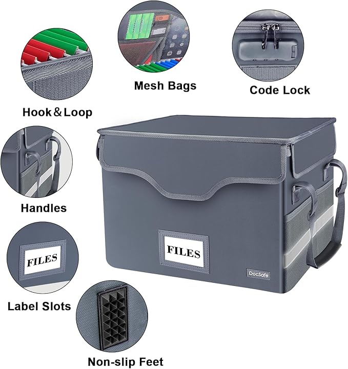 DocSafe Fireproof Document Box with Lock,File Storage Organizer with Zipper Pockets,Collapsible Portable File Box Home Office