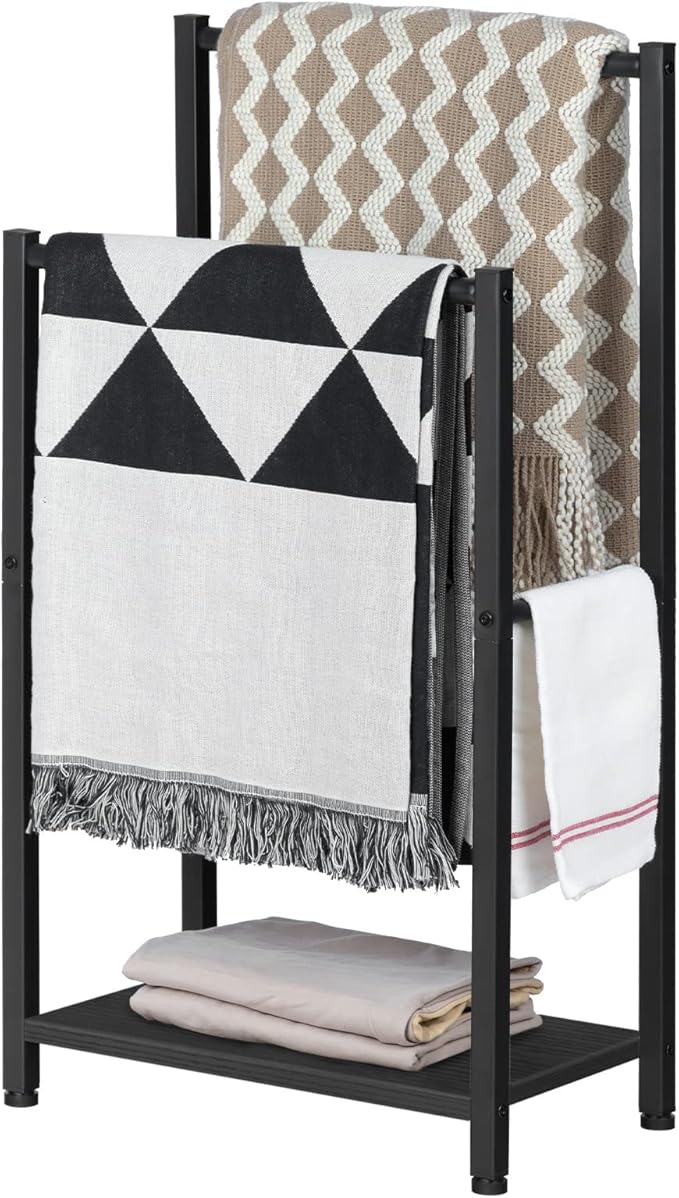 HOOBRO Free Standing Towel Rack for Bathroom, 16.5" L x 9.4" W x 31.5" H, 2 Tier Blanket Rack, Blanket Holder, Drying and Dis