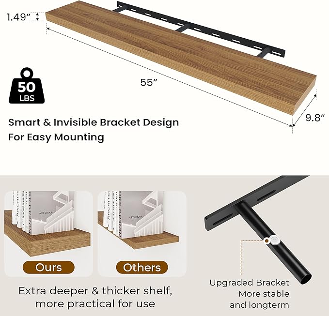Dreamland 55 Inches Floating Shelves for Wall, 9.8" Deep Long Floating Shelves Set of 1, Large Display & Storage Shelf, Wall 