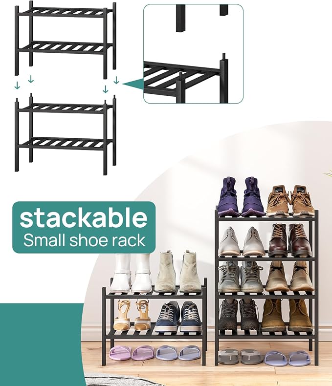 viewcare Black Small Shoe Rack for Entryway, 4-Tier Bamboo Shoe Organizer for Hallway Closet, Free Standing Shoe Racks for In
