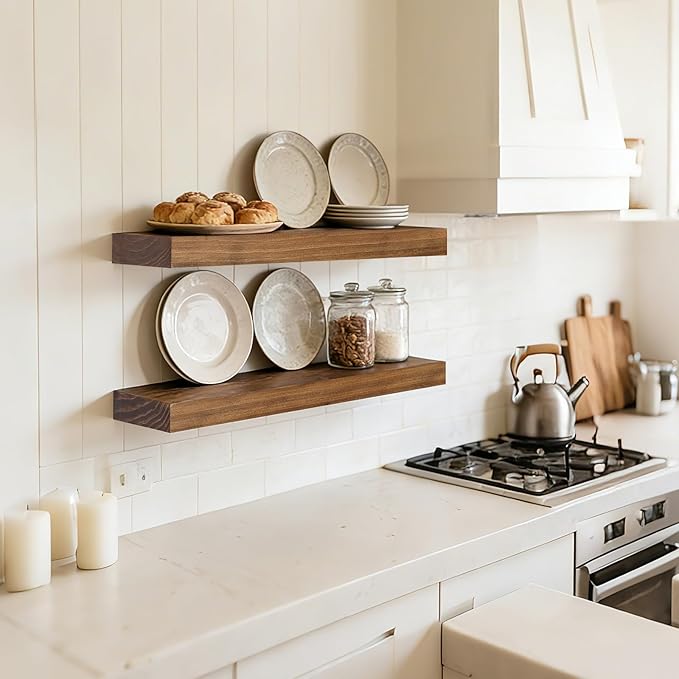 Floating Wall Shelf 16x6.8x1.7 Inch – Solid Wood Shelf in Dark Oak Finish – Wall Mounted Rustic Display Organizer for Bathroo