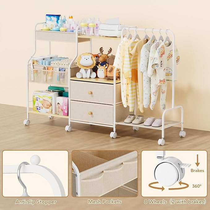 BBLIKE Diaper Caddy Organizer with Hanging Rack - 3 Tier Rolling Utility Cart with Drawers and Dividers for Baby Bottle Stora