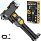 Safety Hammer Flashlight for Car, Emergency Rescue Tool with Seatbelt Cutter, 6 in 1 Screwdrivers Bit Storage Kit, Sound & Li