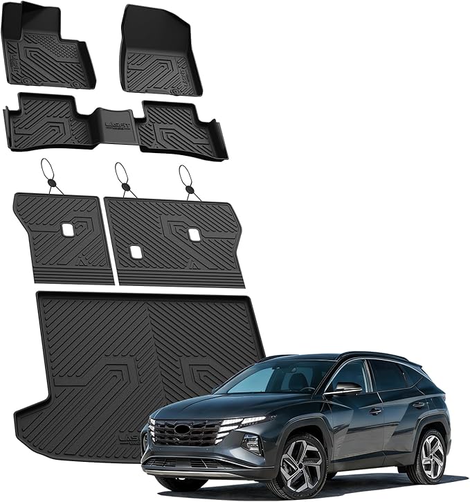 LASFIT Floor Mats & Cargo Mat with Seatback for Hyundai Tucson 2021 2020 2019, All Weather TPE Car Mats Custom Fit Hyundai Tucson 2019-2021 Floor Liners & Trunk Mat with Backrest, Black