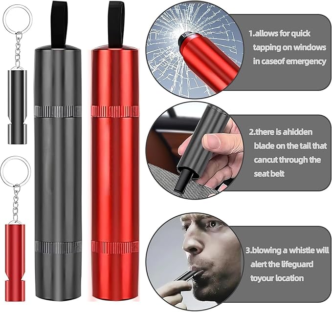 2 Pack Emergency Escape Tool, 2-in-1 Seatbelt Cutter & Window Breaker Hammer with Base, Glass Test Sheet & Whistles - Aluminu