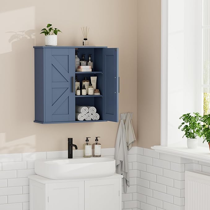 Homleke Bathroom Wall Cabinet, Over Toilet Storage Cabinet with Barn Doors and Adjustable Shelves, 3-Tier Medicine Cabinet Wa