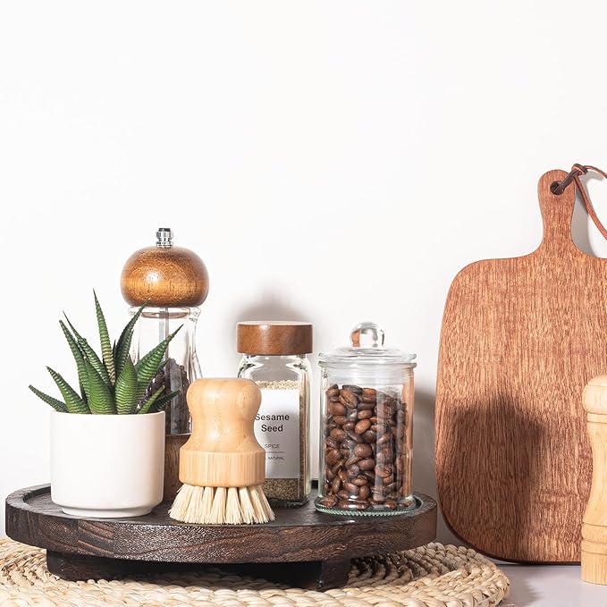 Round Decorative Tray Wood Bathroom Counter Organizer Farmhouse Kitchen Decor Wooden Riser for Soap Dish, Perfume, Candle, Sp