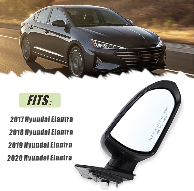 Right Passenger Side Mirror Compatible With 2017 2018 2019 2020 Hyundai Elantra With Manual Folding Power Glass Black Replace#87620F3050(3Pins)