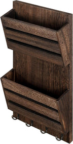 BTY Mail Holder for Wall, Wooden Mail Sorter with 4 Key Hooks, 2 Slot Wall Mounted Mail Sorter Letter Bills Newspaper Magazin