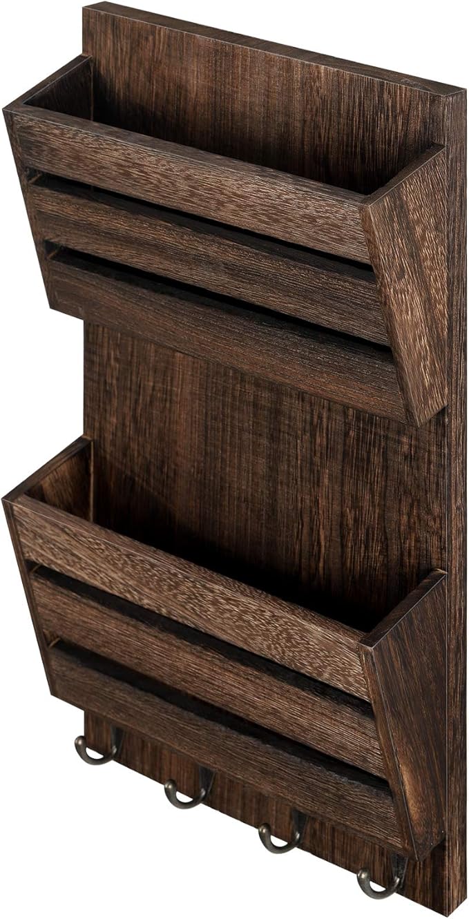 BTY Mail Holder for Wall, Wooden Mail Sorter with 4 Key Hooks, 2 Slot Wall Mounted Mail Sorter Letter Bills Newspaper Magazin