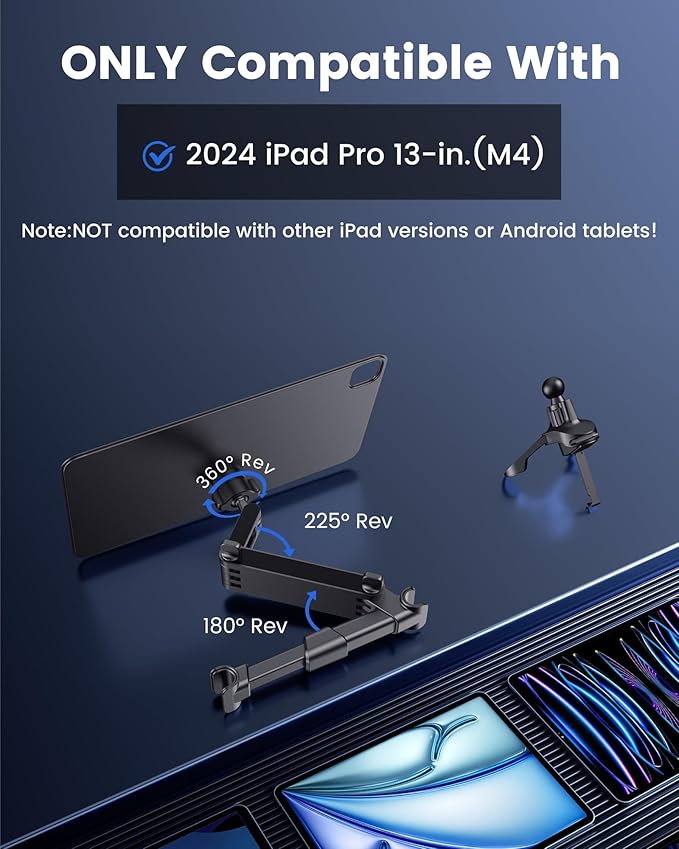 KU XIU Car Headrest Magnetic Tablet Holder for iPad Pro 13" M4 (2024) Only, Backseat Tablet Car Mount Adjustable Arm, Road Trip Essentials for Kids,360° Swivel Angle Adjustable Car Mount for iPad