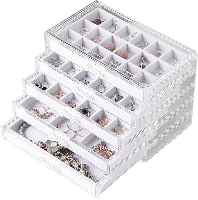 Frebeauty Acrylic Jewelry Organizer Earring Organizer Box with 5 Drawers Earring Holder Organizer with Velvet Trays Clear Jew
