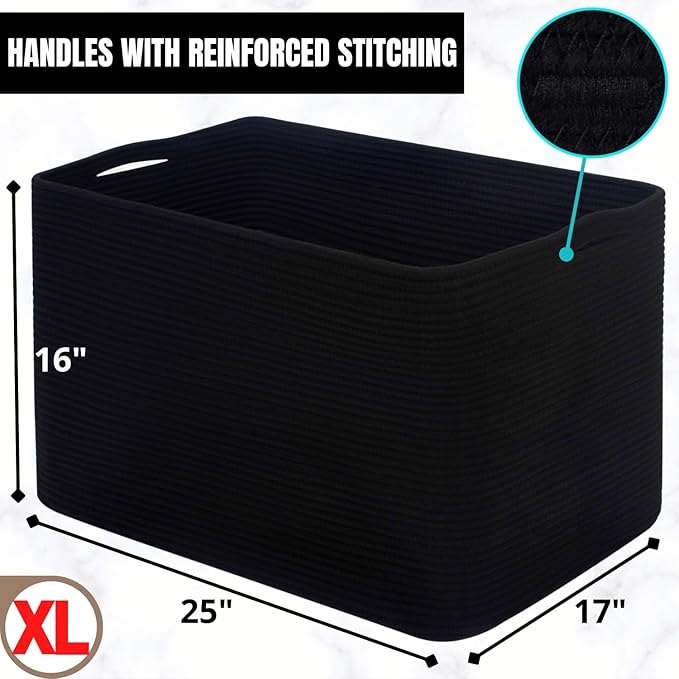MINTWOOD Design 112L Extra Large Blanket Basket Holder Living Room, 25"x17"x16" Rectangle Rope Woven Storage Basket with Hand