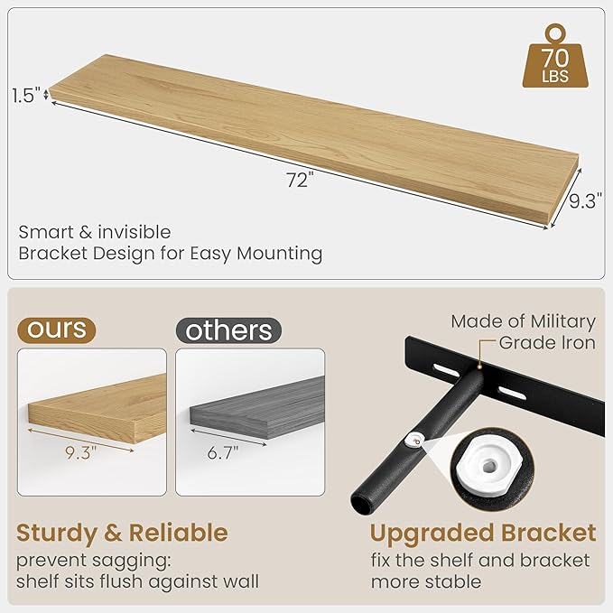 72"W x 9.3"D Floating Shelves for Wall, Wall Mounted Bathroom Shelves 1 Pack Deep Floating Shelf for Bedroom Kitchen Living R