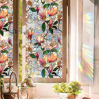 Retro Magnolia Flowers Window Privacy Film,Stained Glass Decals Colorful Floral Privacy Rainbow Decals Living Room Sun Blocking Decor Removable Static Cling Stickers,16.93x39.37inch