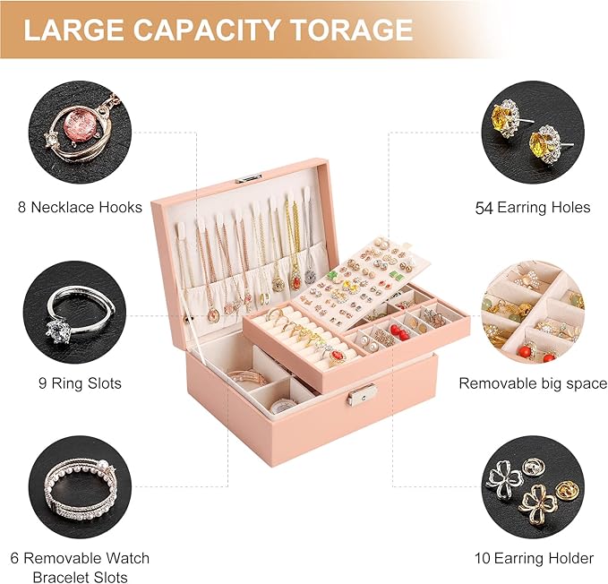 Jewelry Organizer Box, Leather Jewelry Box for Girls Gift Earring Organizer with Lock Double Layers Jewelry Case Removable Tr
