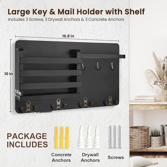 Nekon Mail Holder for Wall Mail Organizer with Key Hooks Hallway Farmhouse Decor Storage Racks with Floating Shelf and Flush 