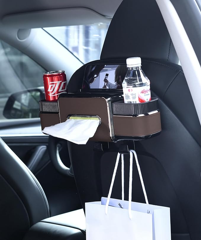 Multifunctional Car Headrest Backseat Organizer Box with Drink Cup Holder, Makeup Mirror, Tissue Box & Hooks for Car Seat Back, Upgrade Car Headrest Backseat Organizer Great for Kids and Travel(Brown)
