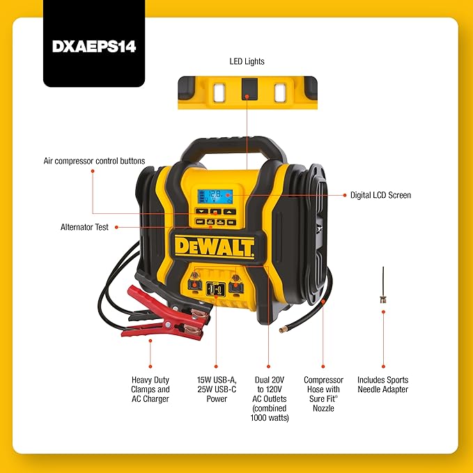 DEWALT DXAEPS14 2000 Peak Battery Amp 12V Automotive Battery Booster Jump Starter/Power Station with 120 PSI Compressor,