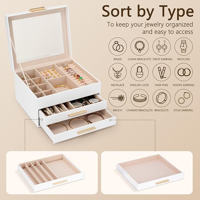 Jewelry Box for Women, 3-Layer Jewelry Box, Jewelry Organizer with Clear Glass Lid and Drawers, Jewelry Organizers and Storag
