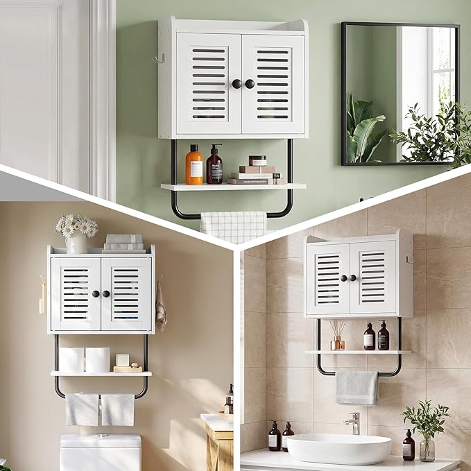 HOOBRO Medicine Cabinet, Double Doors Bathroom Wall Cabinet with Towel Bar, Adjustable Shelf, 2 Hooks, Over The Toilet Storag