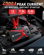 Battery Jumper Starter Portable, 4000A 4 in 1 Function Jump Starter Up to 7.5L Gas & 5.0L Diesel Engines 12V Jump Box