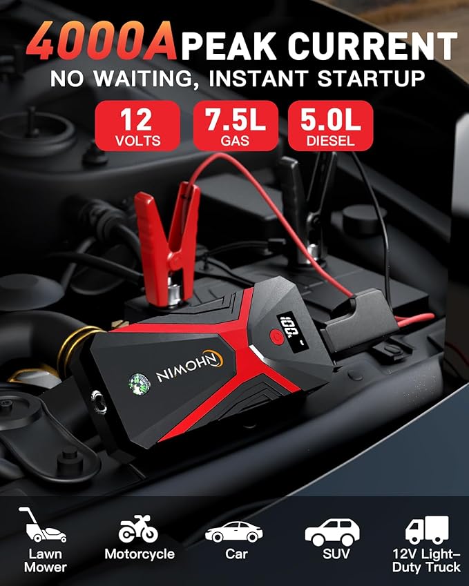 Battery Jumper Starter Portable, 4000A 4 in 1 Function Jump Starter Up to 7.5L Gas & 5.0L Diesel Engines 12V Jump Box