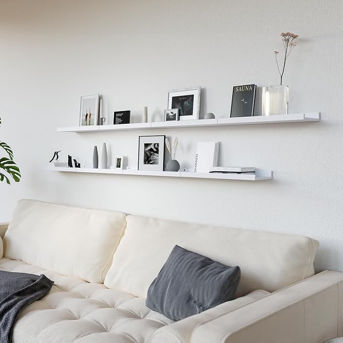 RICHER HOUSE 8 Set Floating Wall Mounted Shelves, Nursery Hanging Book Shelves with Lip for Storage, White Display Picture Le