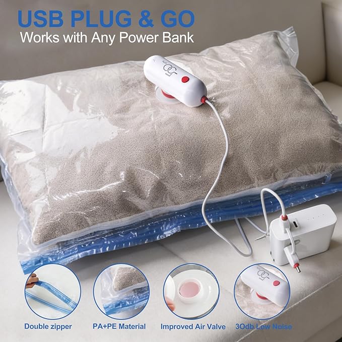 VMstr 15 Pack Travel Vacuum Storage Bags with USB Pump, Vacuum Packing Seal for Luggage and Suitcase, Space Saver for Clothes