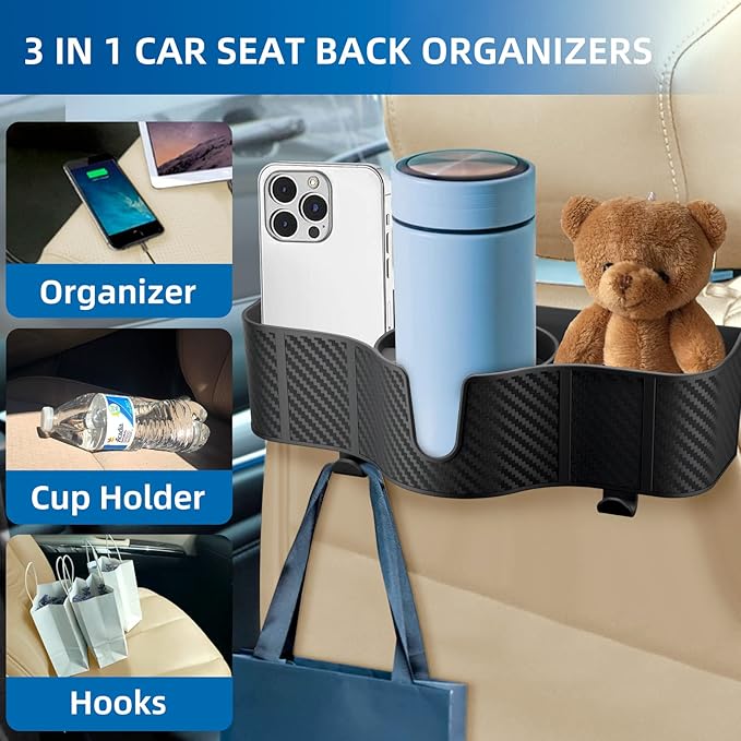 3-in-1 Car Headrest Backseat Organizer with 3.7" Backseat Cup Holder for Car, Seat Back Organizer with Hooks (2pc)