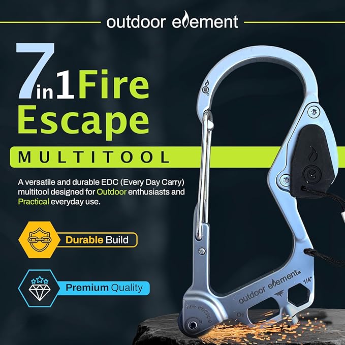 OUTDOOR ELEMENT Fire Escape, Emergency Escape Tool, Seatbelt Cutter, Window Breaker, Multi Tool, Fire Starter, Carabiner, and
