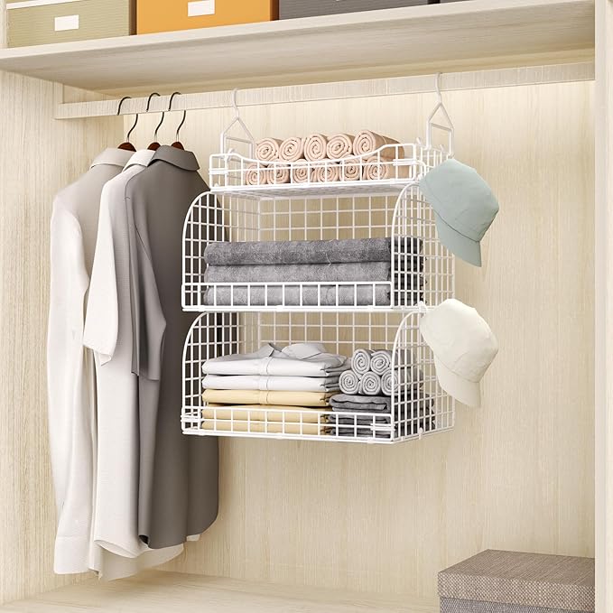 HapiRm Hanging Closet Organizer Storage - 3 Tier Metal Stackable Hanging Closet Shelves with Dividers and S Hooks, Foldable C