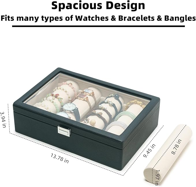 Bracelets Organizer Rods Bangles Display Holder, Clear See through Lid Leather Velvet Jewelry Storage Box Case for Women, 4 R