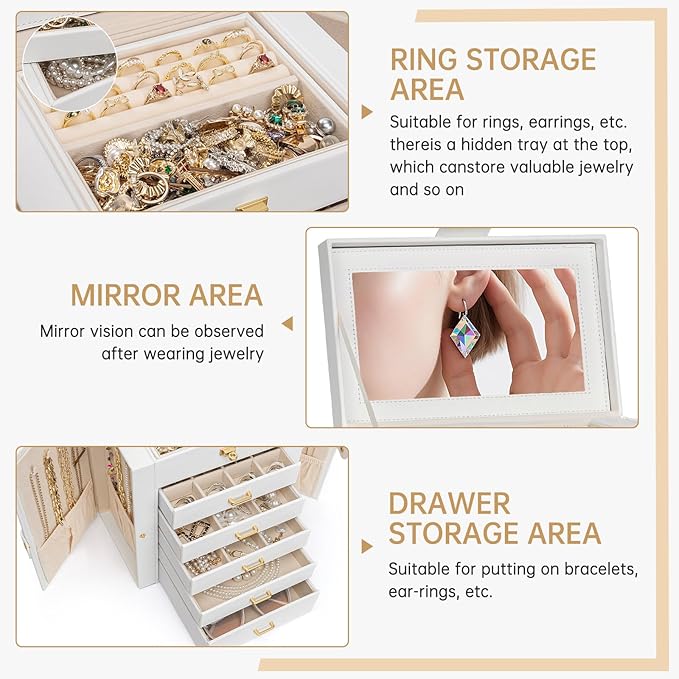 AKOZLIN 6-Tier Jewelry Box Organizer Functional 5 Drawers Leather Jewelry Storage Case for Women Girls Ring Necklace Earring 
