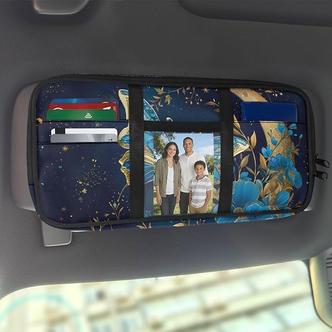 Flora Butterfly Car Sun Visor Organizer Zipper with Adjustable Straps and Multi-Pocket Pouch Storage Box with Picture Frame and Card Holder Easy Installation Universal Fit for Most Cars SUV