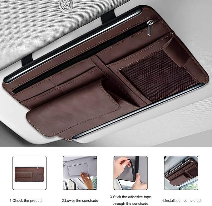 Car Sun Visor Organizer, Soft Leather Auto Sunshade Glasses Storage Bag with Multi-Pocket Net Zipper, Scratch-Resistant Vehicle Visor Pocket Eyeglasses Case Note Holder (Brown)