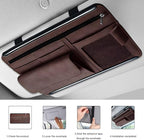 Car Sun Visor Organizer, Soft Leather Auto Sunshade Glasses Storage Bag with Multi-Pocket Net Zipper, Scratch-Resistant Vehicle Visor Pocket Eyeglasses Case Note Holder (Brown)