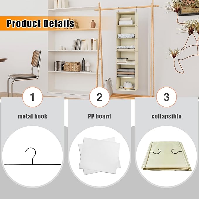 Hanging Closet Organizer, Easy Mount Foldable 6-Shelf Hanging Closet Wardrobe Storage Shelves, Clothes Handbag Shoes Accessor