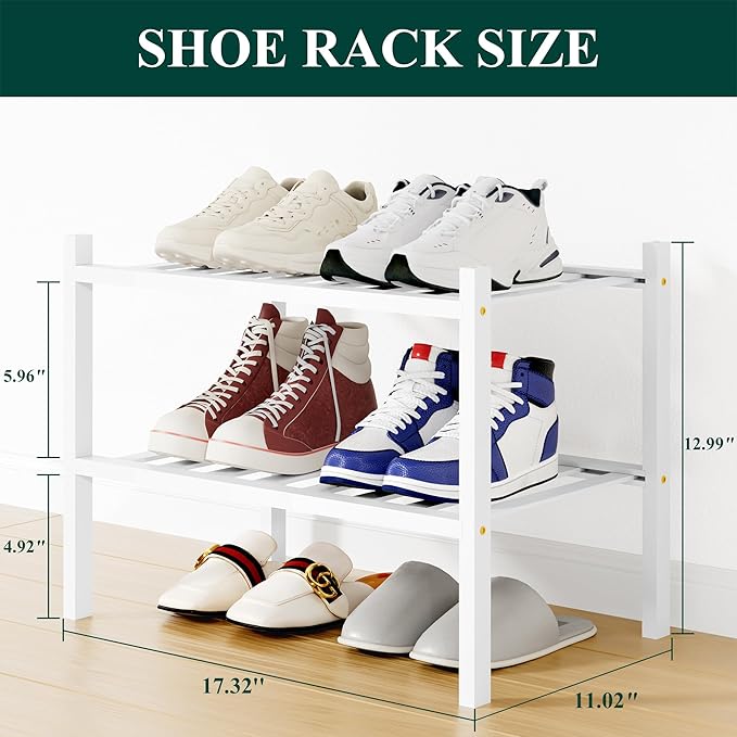 Smiry Shoe Rack, 2 Tier Small Bamboo Shoe Organizer, Stackable Free Standing Wooden Shoe Storage Shelf for Closet, Entryway, 