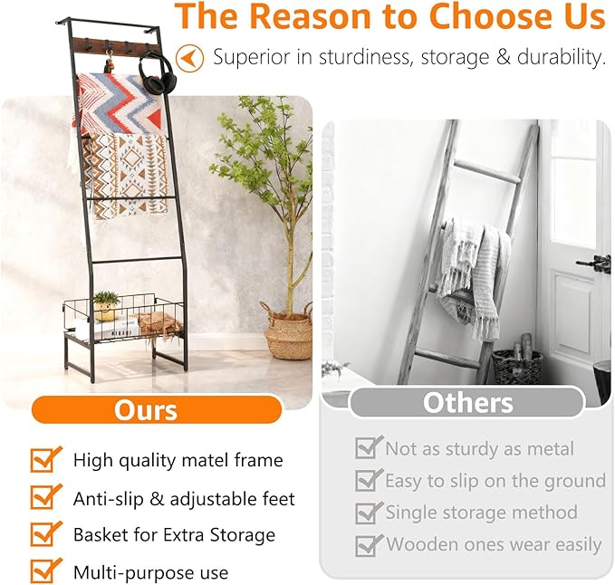 Metal Blanket Ladder with Basket, 5 Tier Rustic Blanket Rack with Hooks for Living Room, Bedroom, Farmhouse Decor – 5.2ft Wal