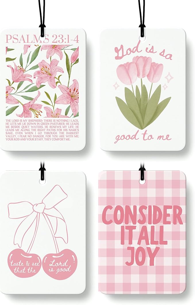 Preppy Pink Floral Cherry Christian Car Air Freshener 4 Pcs, Coquette Girly Religious Hanging Air Freshener for Cars Closet D