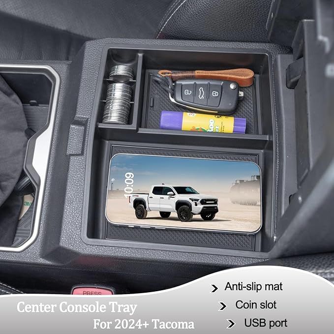 JDMCAR Center Console Organizer Compatible with 2024 2025 2026 Toyota Tacoma Accessories, Armrest Insert ABS Plastic Coin Holder Secondary Storage Box (Black Trim)