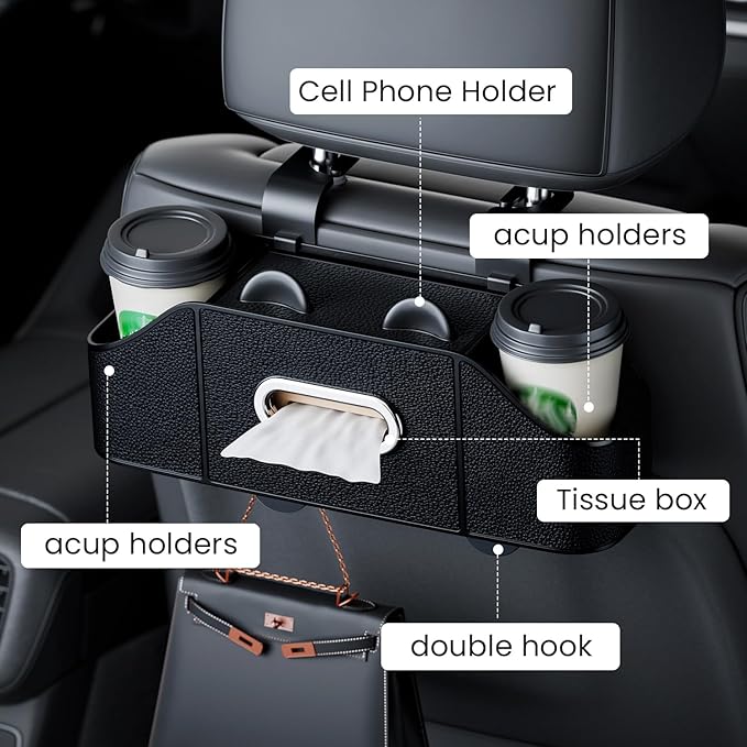 7-in-1 Car Seat Organizer with Cup Holders, Trash Can, Tissue Dispenser & Hooks, Multifunctional Headrest Storage for Backseat, Travel Essentials for Family Car Trips (Black)