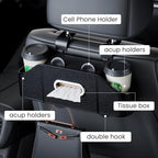 7-in-1 Car Seat Organizer with Cup Holders, Trash Can, Tissue Dispenser & Hooks, Multifunctional Headrest Storage for Backseat, Travel Essentials for Family Car Trips (Black)